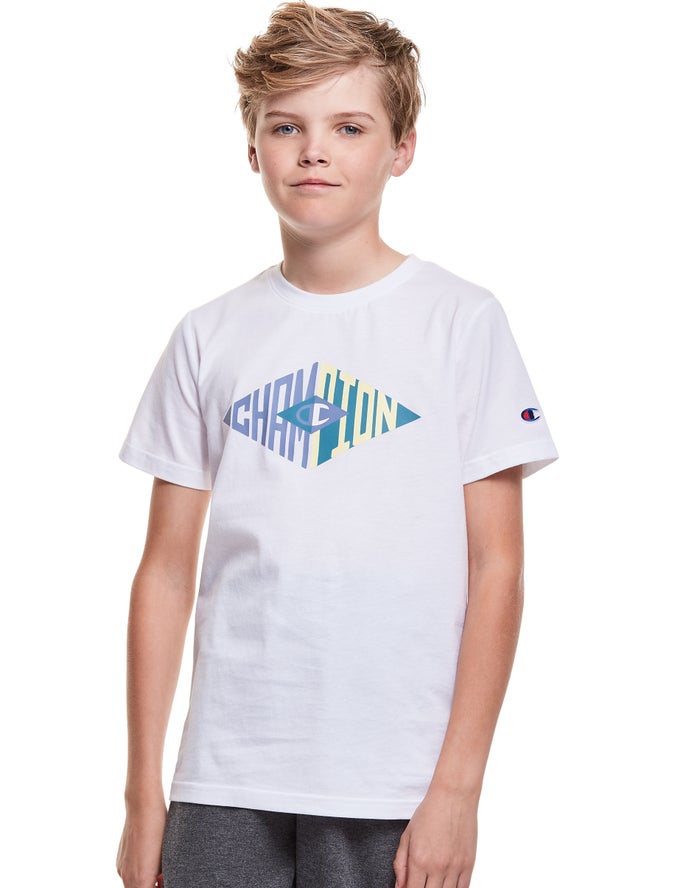 Champion Boys T-Shirt NZ - Cotton Diamond Logo White ( 5682-KUFEW )